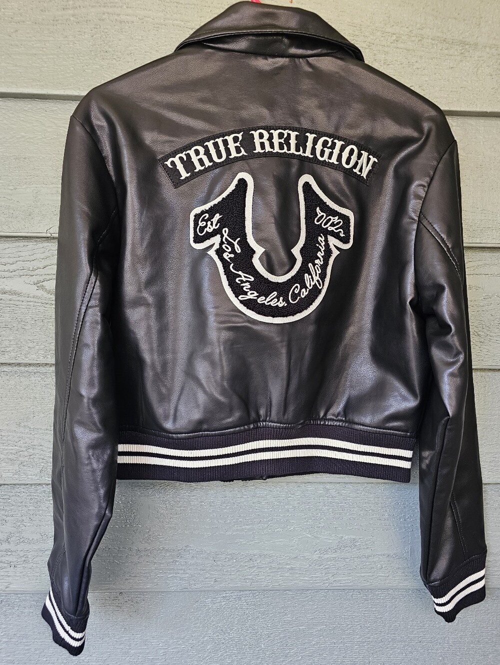 True Religion Black Pebble Faux Leather Cropped Moto Bomber Jacket Womens Size M